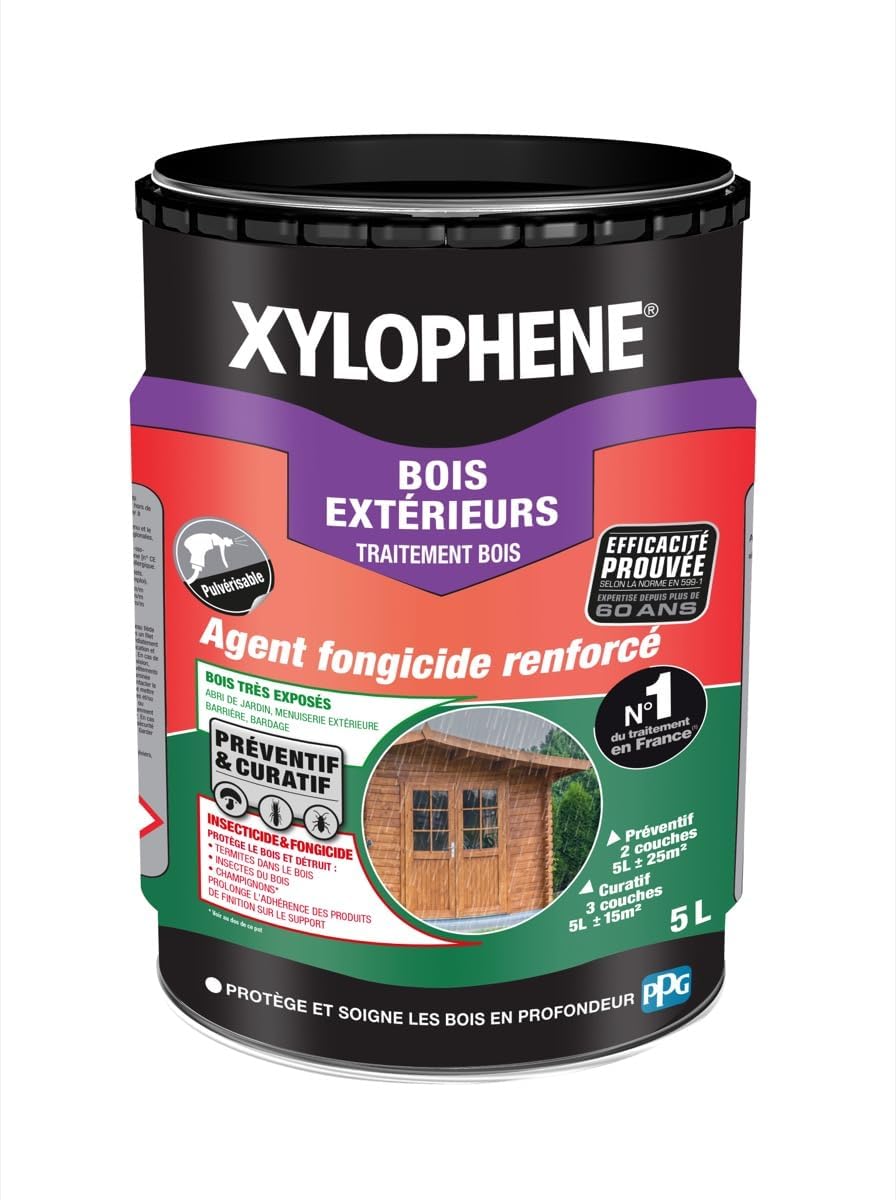 XYLOPHENE - Traitement Bois Extérieurs - Anti Insectes et Anti Termites - Spécial Bois Très Exposés Extérieur - Pour Bardage, Abris, Volets, Palissades - Formule Renforcée en Fongicide - 5L - Incolore