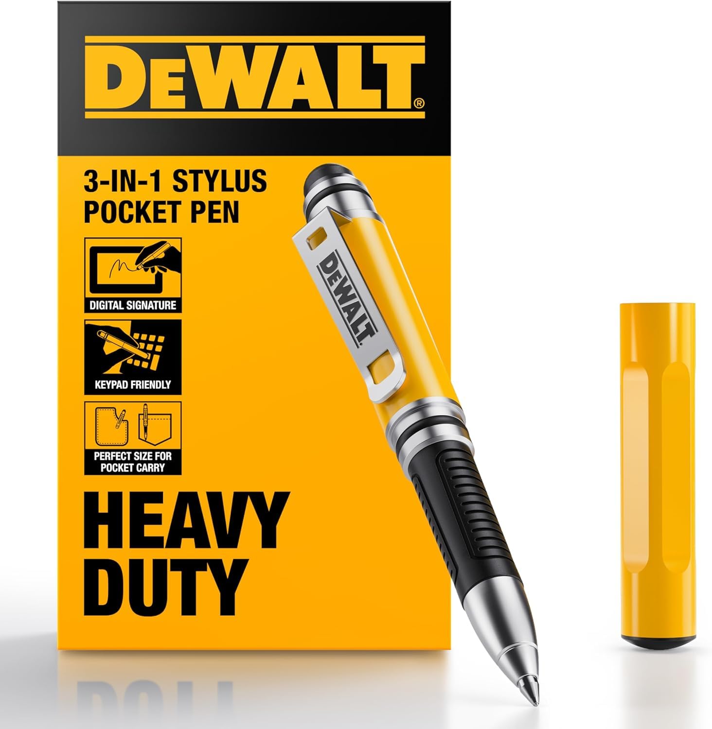 DEWALT 3-in-1 Stylus Pen, Pocket Size Stylus Pen, Ballpoint Pen EDC Pen with Stylus Tip, Ink Cartridge Included, Gift for Dad