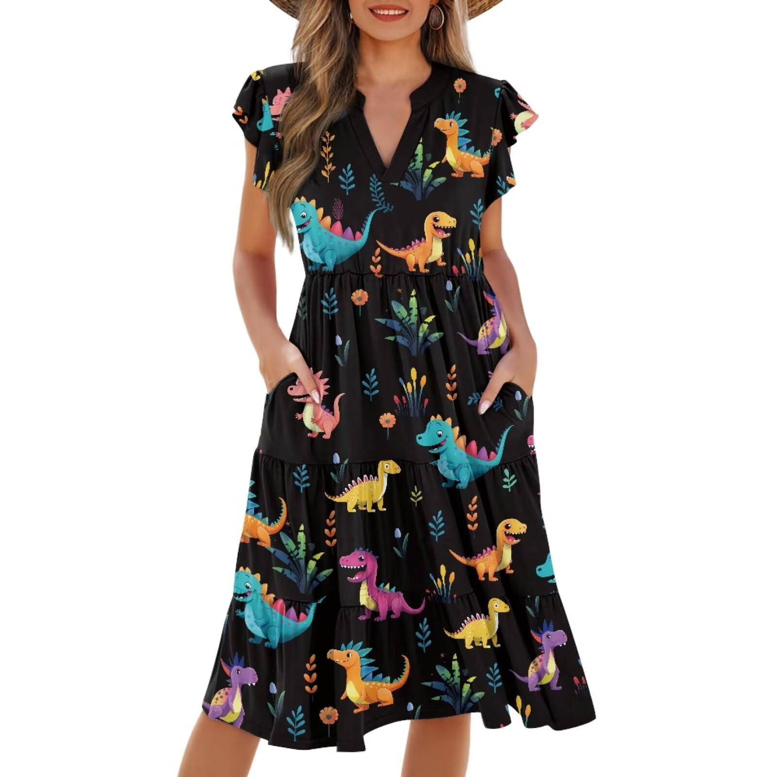 Womens Summer Dress Ruffle Sleeve V Neck Dress Casual Fit Flowy Beach Vacation Sundress with Pocket S-2XL