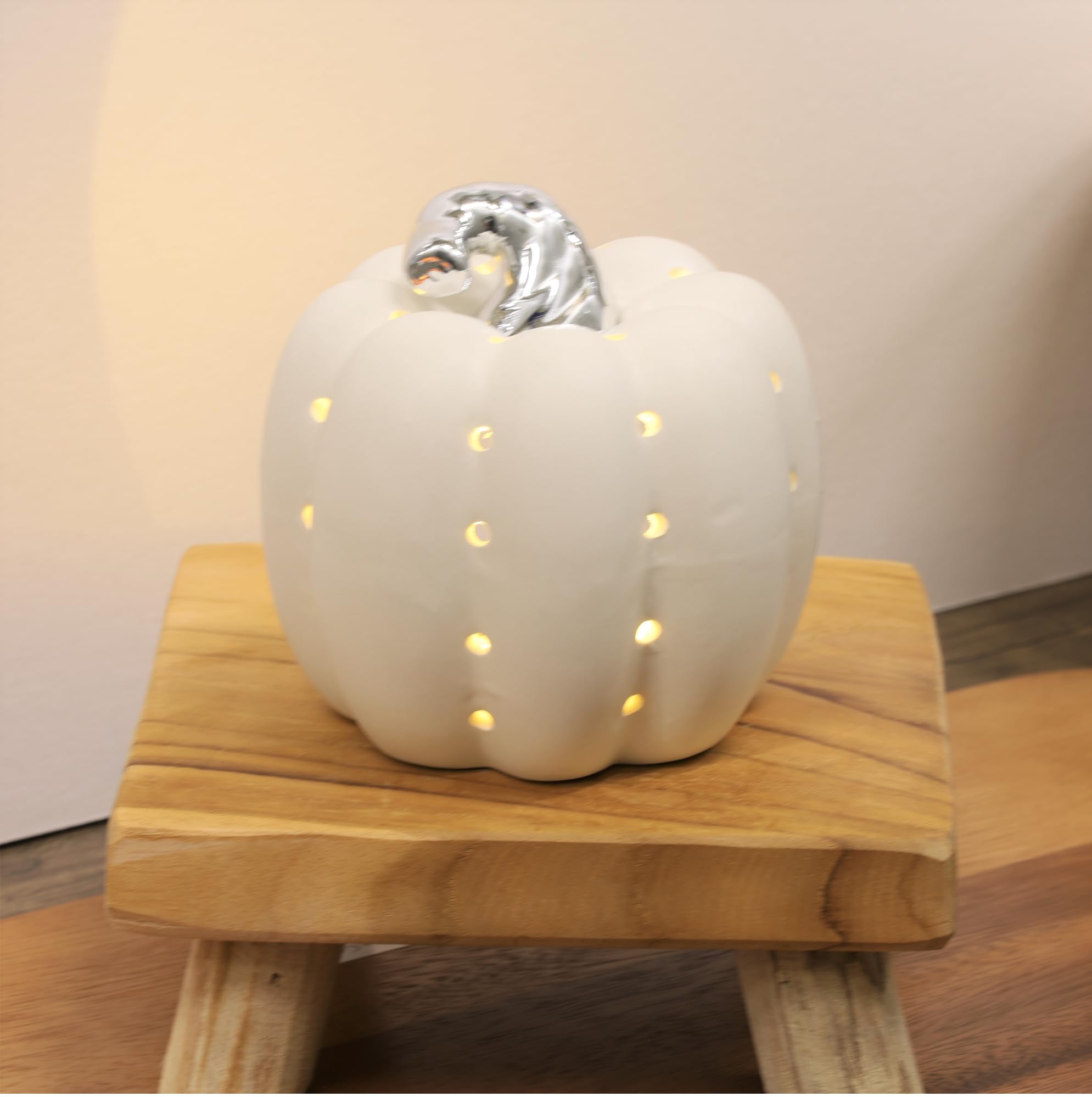 Fyne-Finds White Ceramic Pumpkin Tealight Candle Holders Cut Out Hole Halloween Festival Decoration (White)