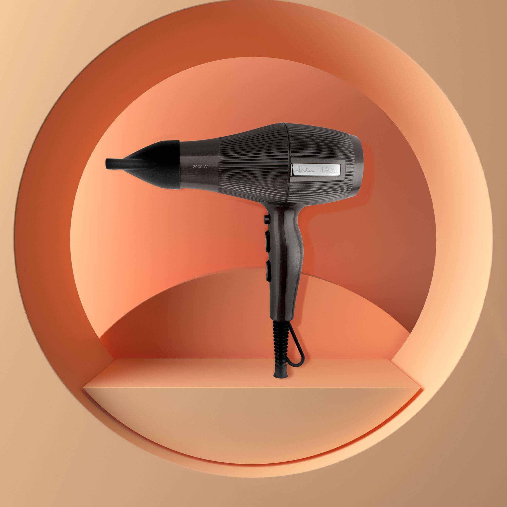 JATA JBSC1290 - Secador Pelo Profesional. Secador Pelo Ionico. 2200 W. 2 Concentradores y Difusor. 3 Temperaturas. 2 Velocidades. Cabello Sin Encrespamiento. Motor AC. Gancho para Colgar. Aire Frío
