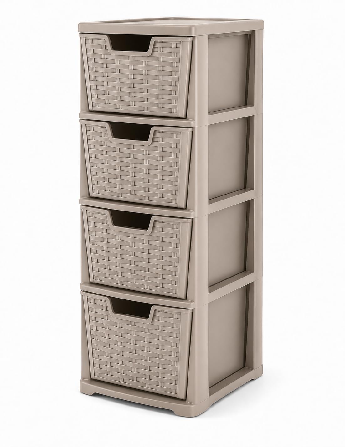BBSK 4 Drawer Rattan Storage Tower, Plastic Storage Drawers Unit with Woven Rattan Design, Slim Freestanding Drawer Organizer for Bedroom, Bathroom, Living Room & Office, Mushroom