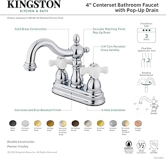 Kingston Brass KB1602PX Heritage 4-Inch Centerset Lavatory Faucet with Porcelain Cross Handle, Polished Brass