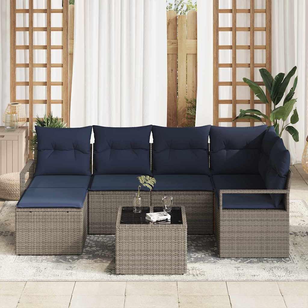 Ensemble de canapés de Jardin en polyrotin Gris 7 pcs modulable, Comprenant Coussins, sièges et Table pour Salon extérieur terrasse Balcon, détente et Repas