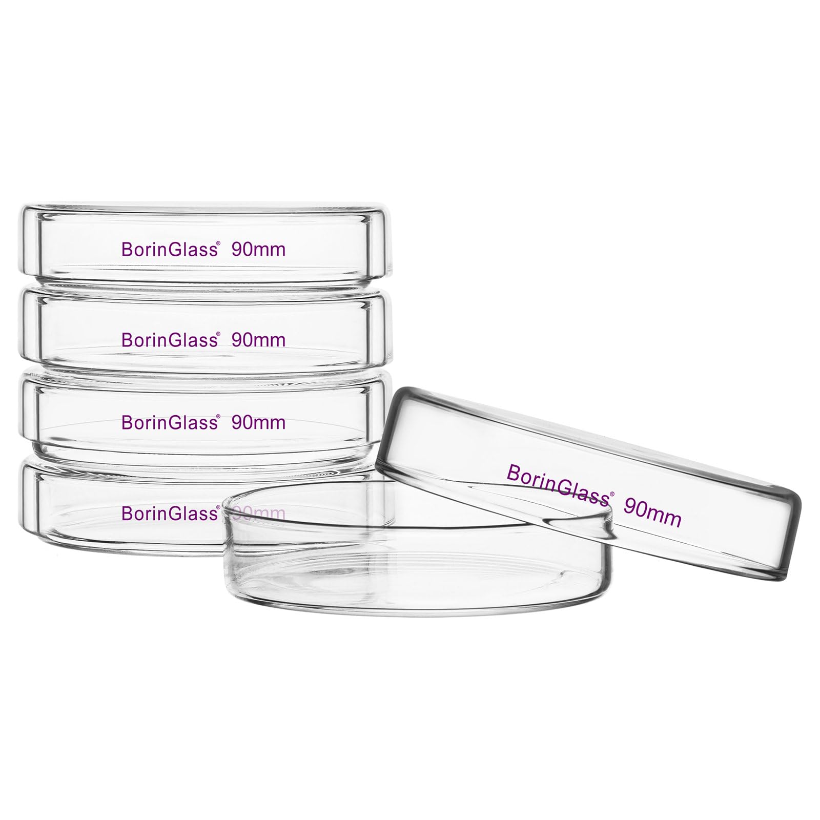 BorinGlass Lot de 5 boîtes de Pétri en verre avec couvercle, verre borosilicate, bols de culture transparents, boîtes de pétri de laboratoire, diamètre extérieur 90 mm