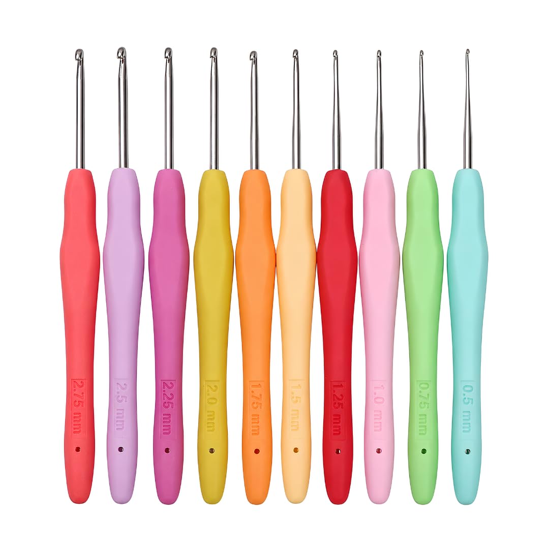 nanmoku10 pcs ergonomic crochet hook set, 0.5 mm to 2.75 mm multi size crochet needles with comfortable grip, metal crochet hooks for knitting, yarn, lace, diy craft & handmade projects
