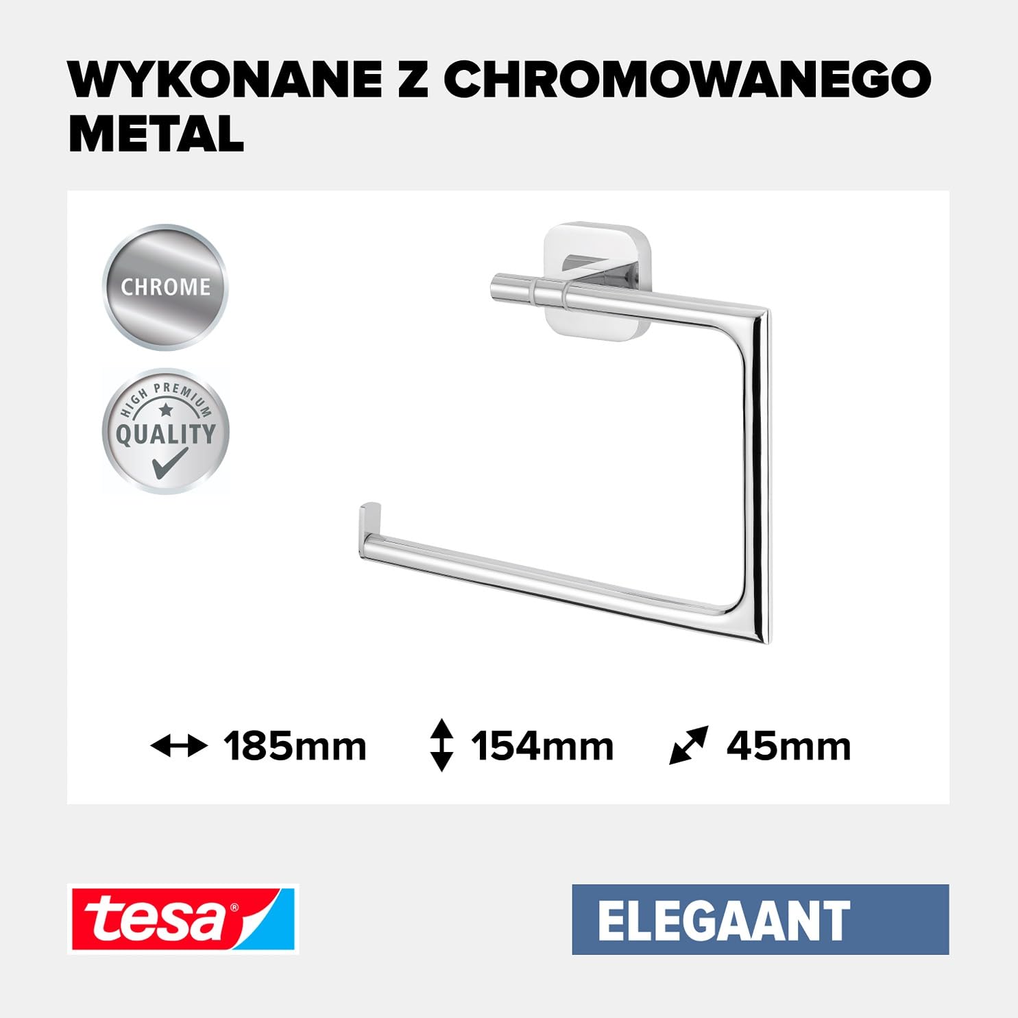 tesa ELEGAANT wieszak na ręczniki – samoprzylepny, metalowy pierścień ręcznikowy do łazienki – chromowany metal – prosty montaż – 156 mm x 185 mm x 45 mm