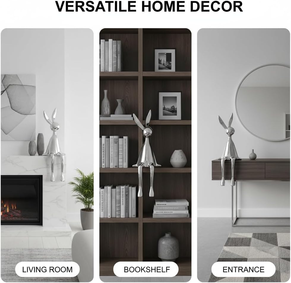 Sitting Bunny Figurine, Cute Silver Sitting Rabbit Figurines for Shelf, Resin Sparkly Rabbit Decor, Sitting Rabbit Figurine Statue for Bookshelf Desk Home Office Easter Decoration