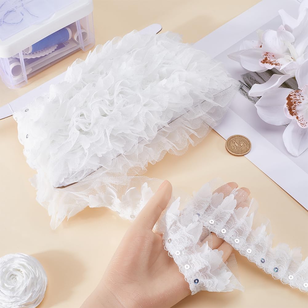 GORGECRAFT 10m 3-Layer Pleated Chiffon Lace Trim 50mm Wide White Multi Layer Gathered Ruffle Mesh Organza Trim Sequins Tulle Edging Trimmings Ribbon for DIY Sewing Crafts Curtains Clothing Dressing