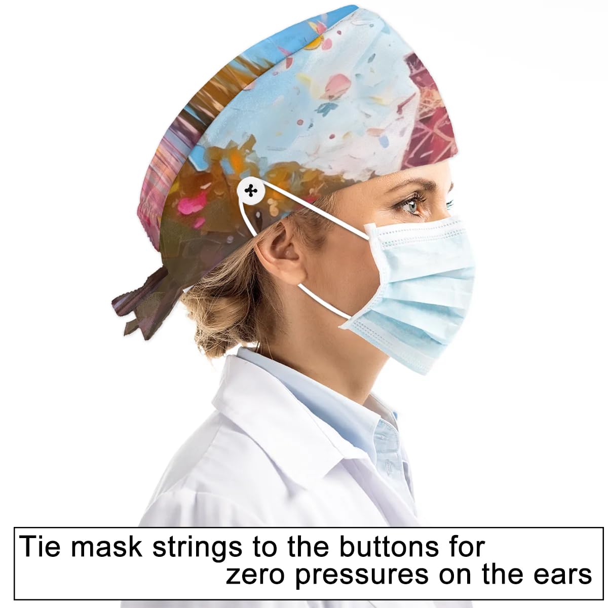 Mularoka Watercolor Pagoda Flower Couple Working Caps with Button Sweatband Comfortable Adjustable Bouffant Hats Work Hat for Women Men