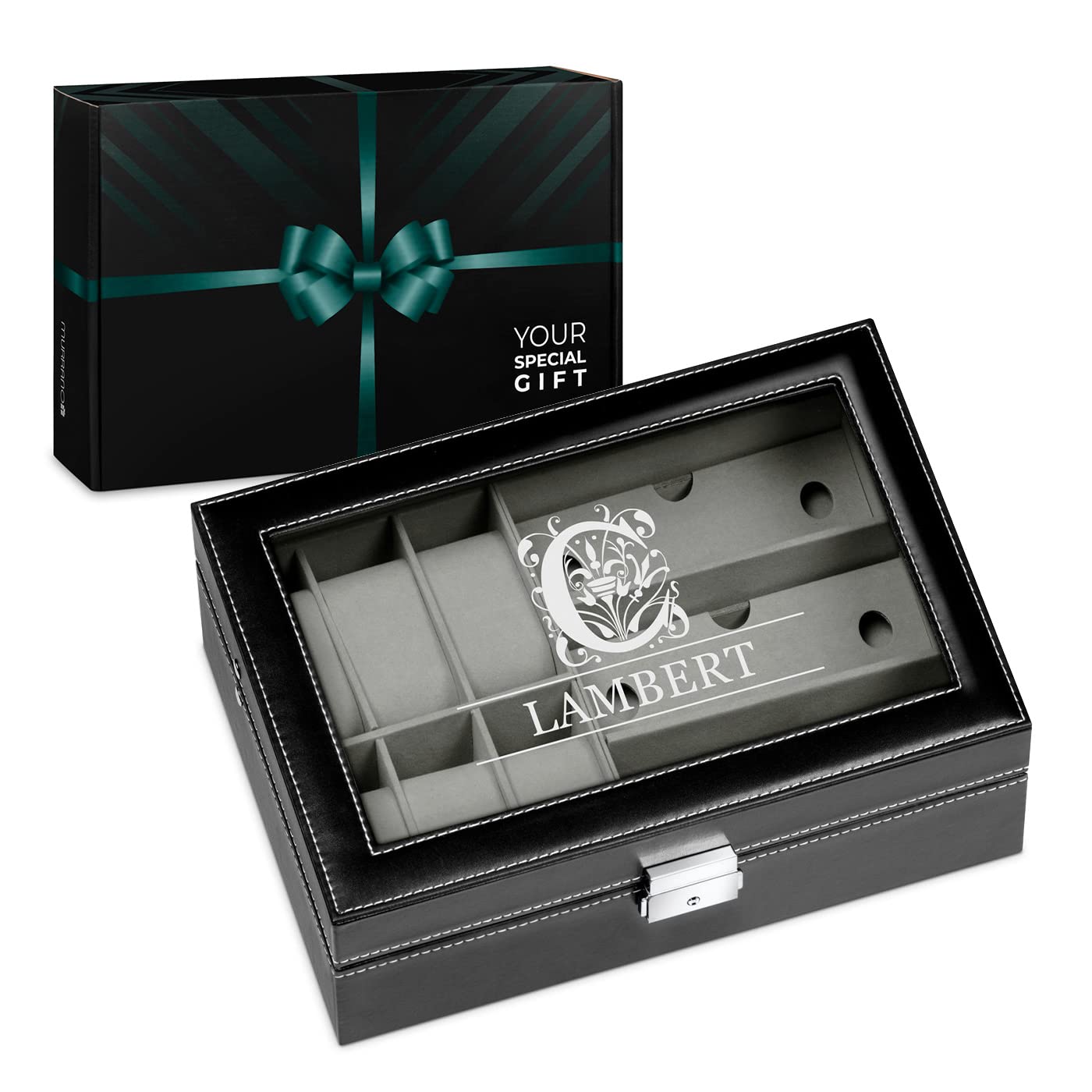 Boite de rangement pour lui avec vitre gravee pour montres de collection