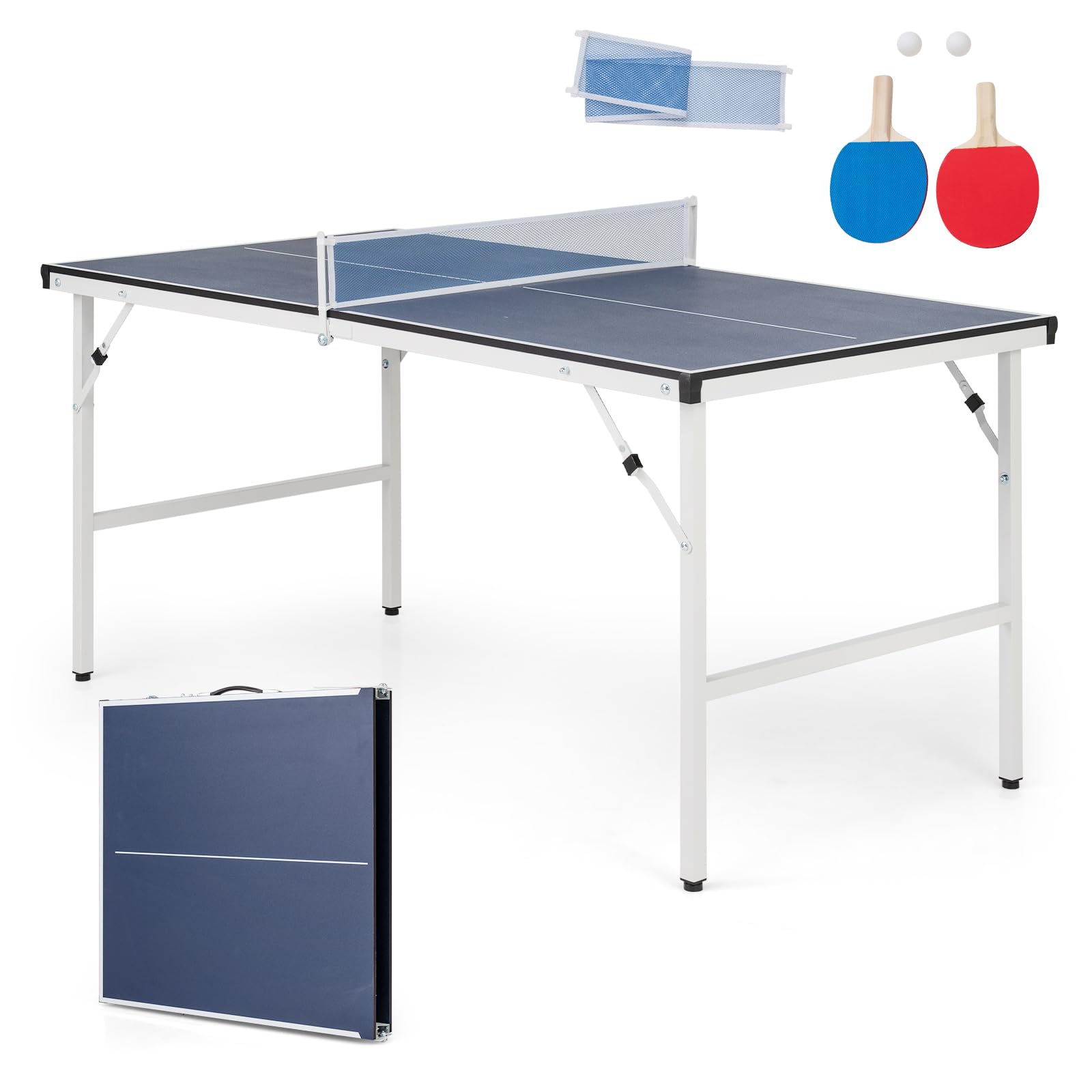 COSTWAY Składany stół do tenisa stołowego 152,5 x 76 cm, mini stół do tenisa stołowego odporny na warunki atmosferyczne, stół do ping ponga z siatką, 2 rakiety i piłki, wstępnie zmontowany stół