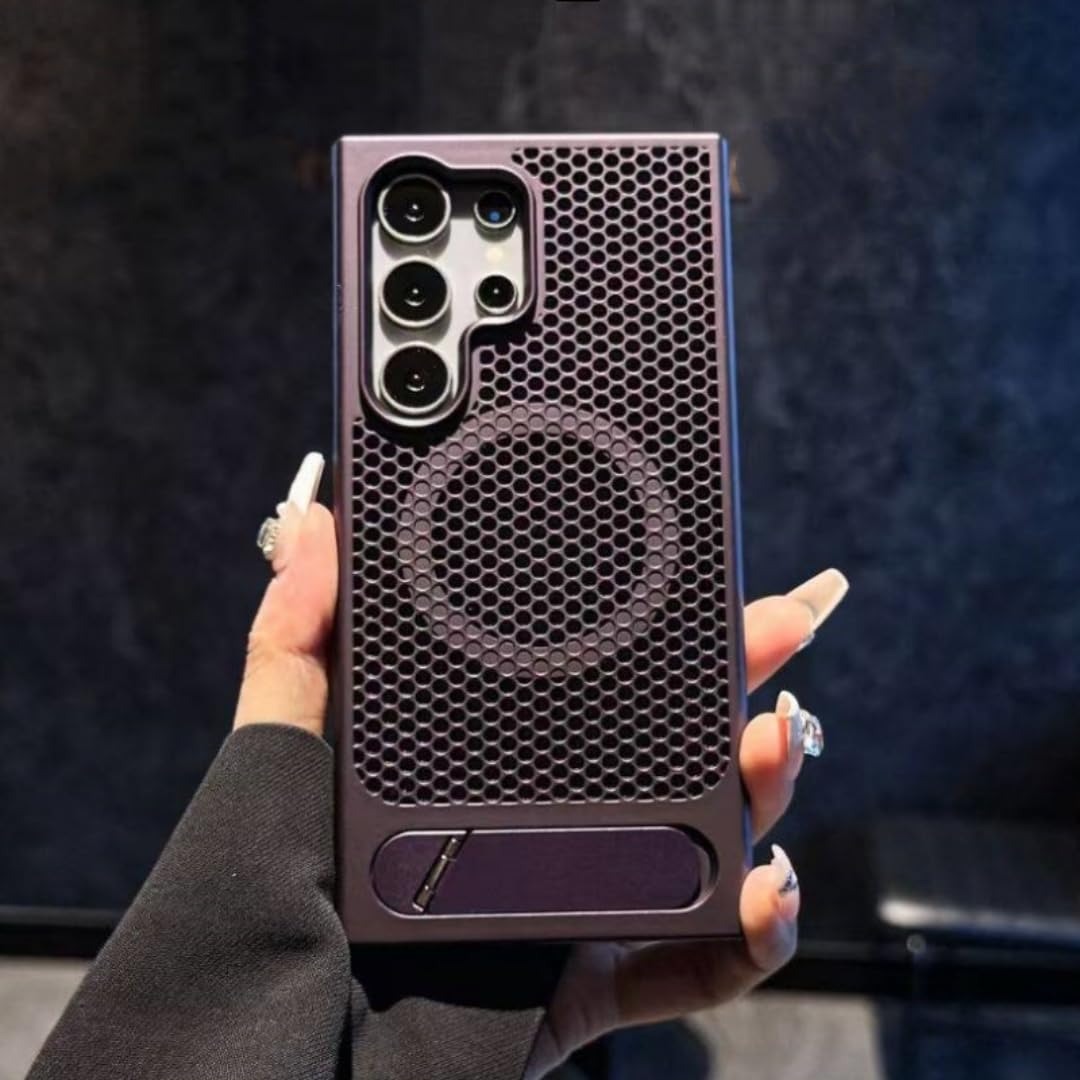 Magnetyczne, chłodzące, odprowadzające ciepło, oddychające etui do Samsunga S26 Ultra, S25, S24 Plus, składane, z uchwytem (do Galaxy S26/głęboki fiolet)