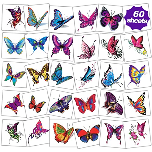 Coszeos 60Sheets Butterfly Temporary Tattoos For Women Girls Kids, Fake Colorful Butterflies Individually Wrapped Tattoo Stickers Art 3D Waterproof For Face Body Birthday Party Favors Supplies Gifts #TOP7