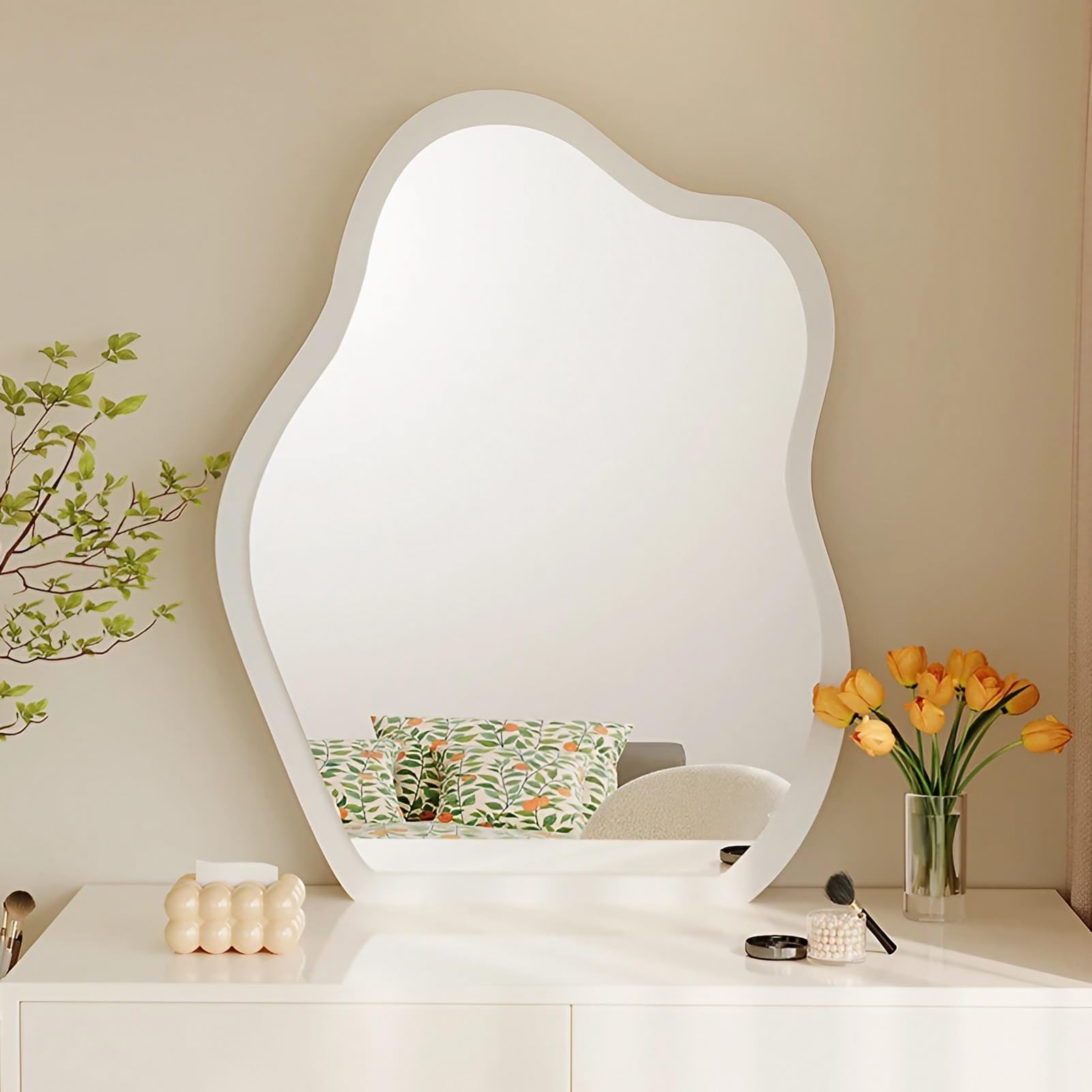 FGXHHS Irregular Wave, Asymmetrical Wall Mirror with Wooden Frame, Rustic Home Decor for Living Room Entryway Bedroom Vanity(White,45x60cm(18x24inch))