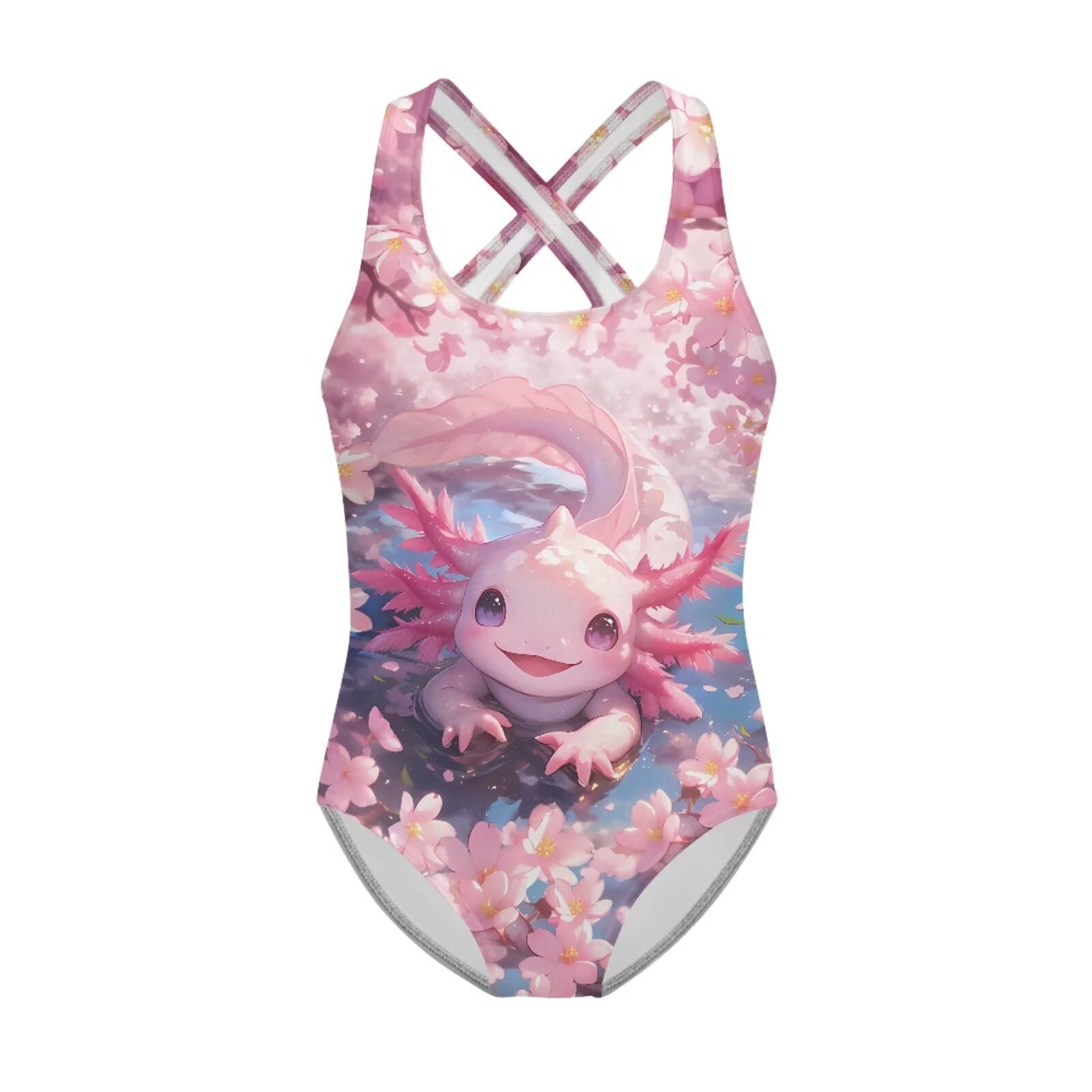 Girls One Piece Swimsuits Axolotl Cross Back Swimwear Beach Summer Quick Dry Beach Bathing Suit