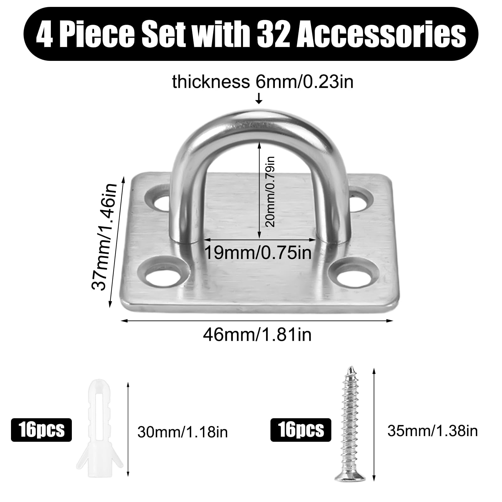 KineticKraft 4 Pieces M6 Stainless Steel Oblong Pad Eye Plate, Heavy Duty Pad Eye Plate, Loop Suspension Ceiling Hooks - Image 3