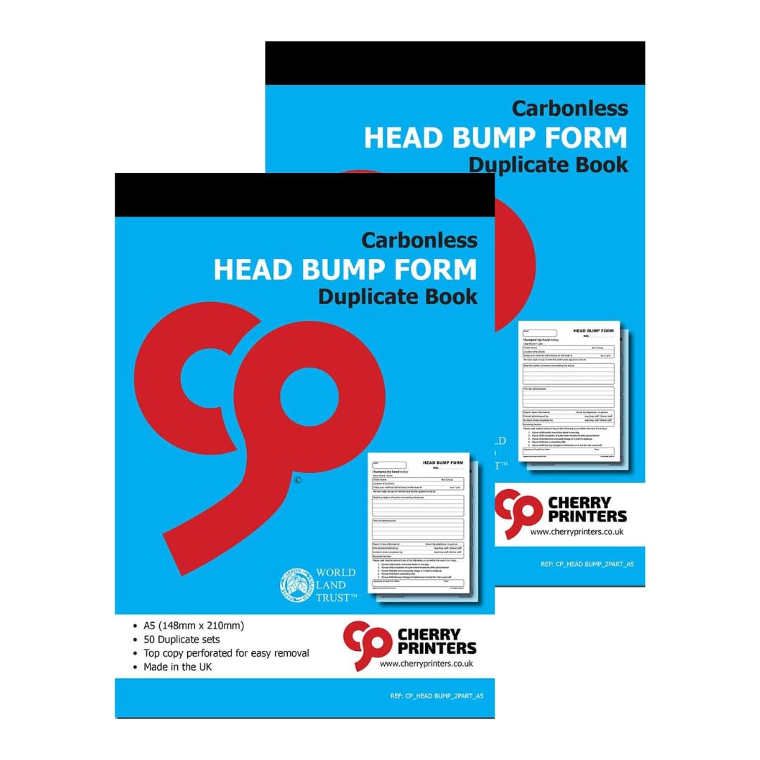 Cherry Printers | Head Bump Form | Duplicate Book | A5 Carbonless Incident Record for Schools | 50 Sets with Perforated Top Copy | Ideal for Recording Accidents | **2 Pack**