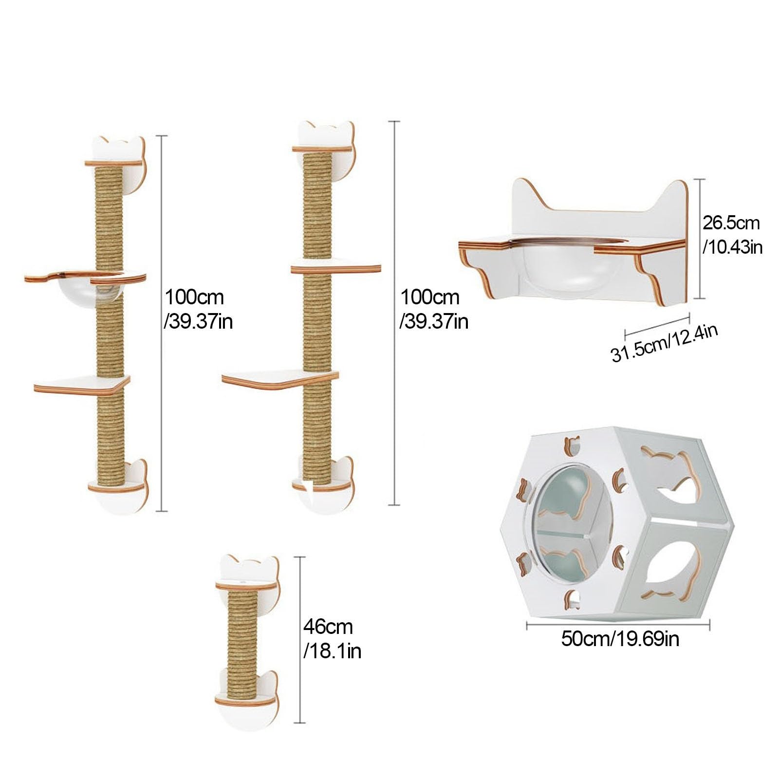 Albero Tiragraffi per Gatti, Mensole da Arrampicata per Gatti in Legno Massiccio, con Cuccia per Gradini, Tiragraffi, Scaletta Morbida(9-3pcs)