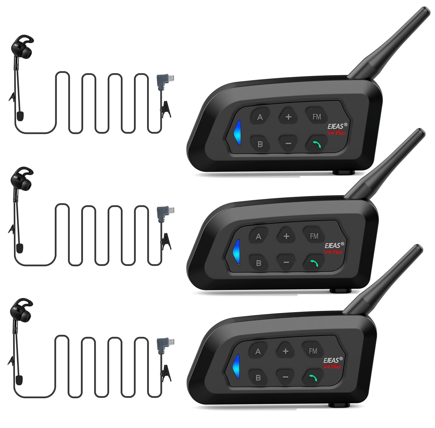 V4 Plus Sistema de Intercomunicación para Cascos de Moto Bluetooth, 1.500 m de Alcance, Comunicación Grupal para 4 Usuarios, Motociclismo, Árbitros de Fútbol, Esquí y Quad/Trail (3 Unidades)