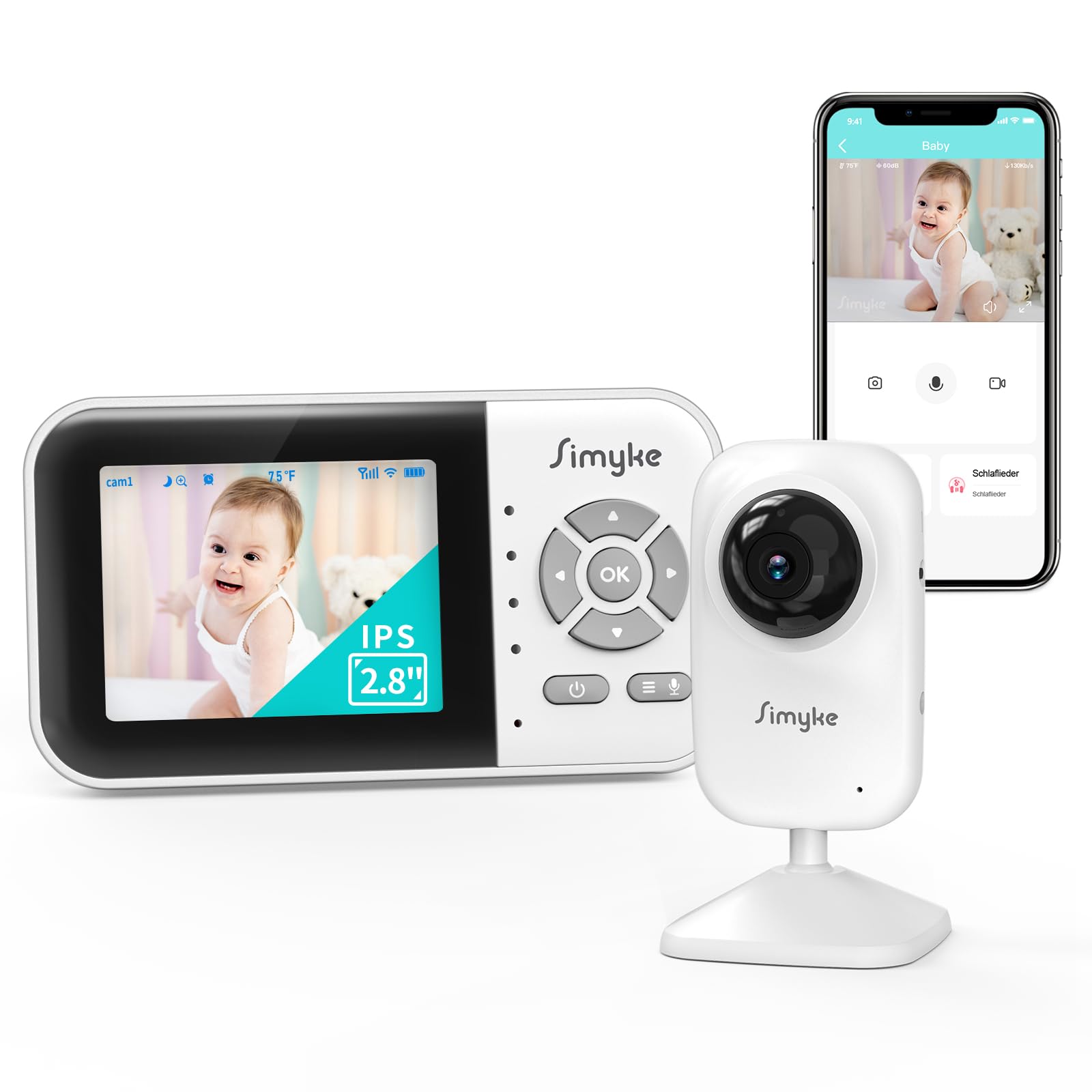 Simyke Baby Monitor with WiFi Camera and 2.8 Inch Screen, Baby Monitor with App, Two-Way Audio, Automatic Night Vision, VOX, Temperature Sensor, Cradle Songs and Long Range for Home