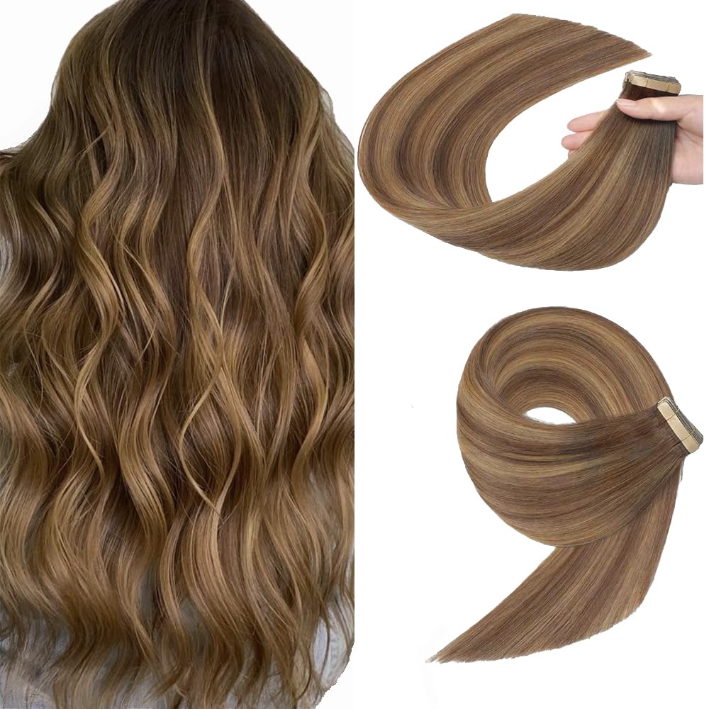 YDDM Extensiones de pelo humano con cinta adhesiva, 20 unidades, 60 cm, 50 g, color marrón claro con rubio dorado — view 17