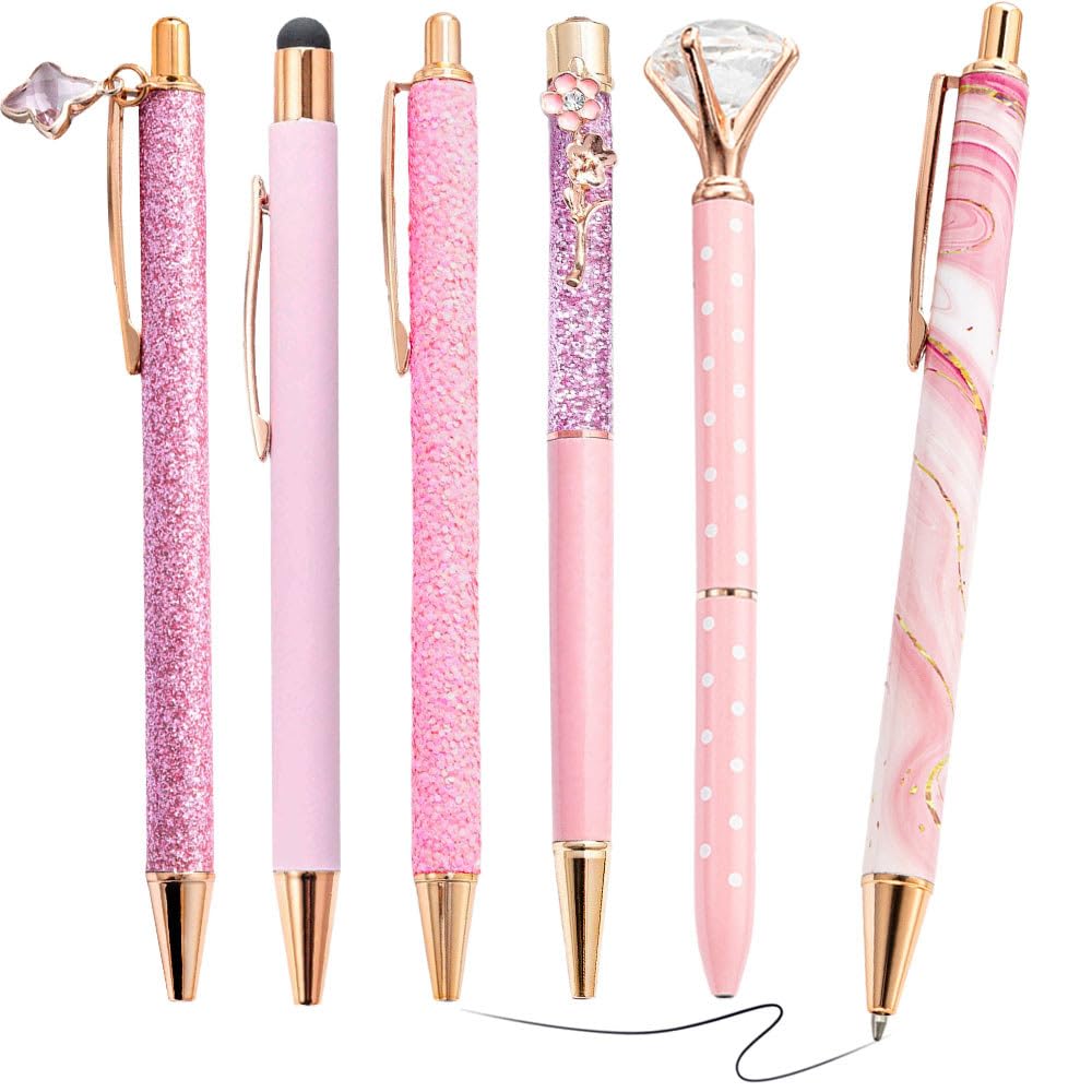 Belegao 6PCS Ballpoint Pens for Women Dark Pink - Bling Metal Ball Point Pen Black Ink Fancy Retractable 1.0mm Smooth Writing for Teachers Mother Birthday Womens Day Gifts, Home Office School โ image 1