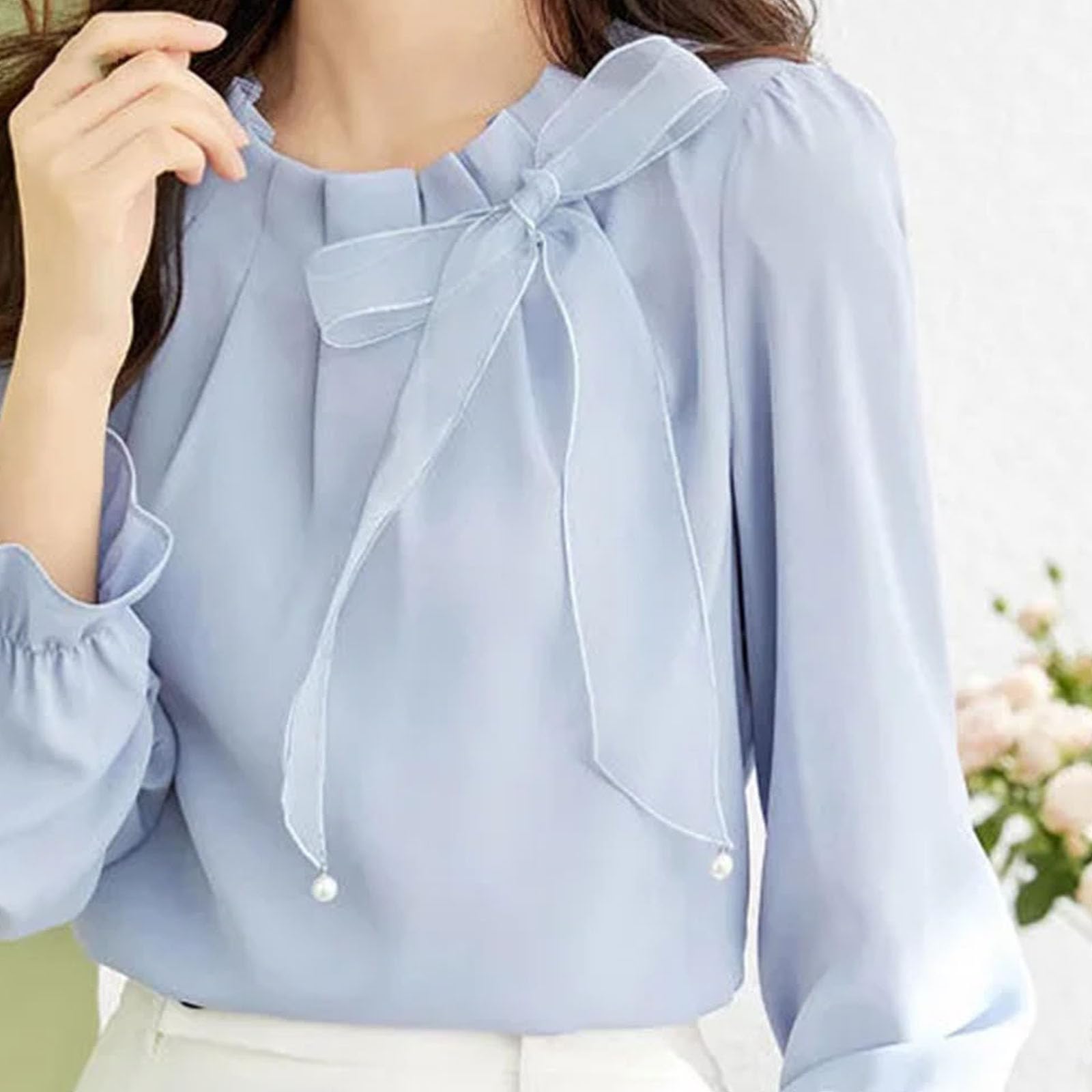 Blusa de gasa plisada con lazo y cuello redondo para mujer, diseño de color sólido, camiseta de manga larga que combina con todo