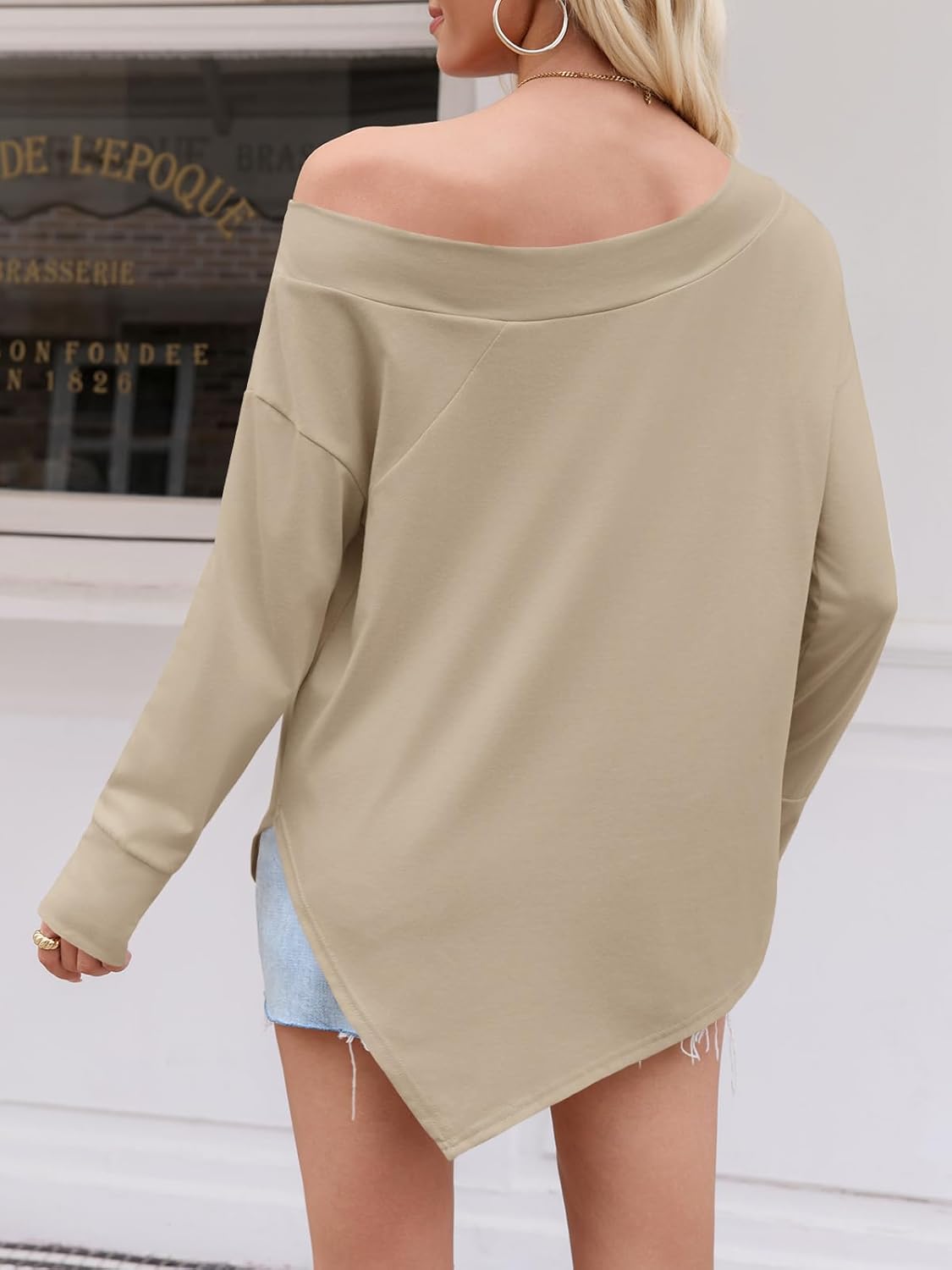 Tankaneo Womens Off The Shoulder Tops Casual Long Sleeve T Shirts Irregular Hem Split Tunics Loose Fall Blouse Shirt - Image 4