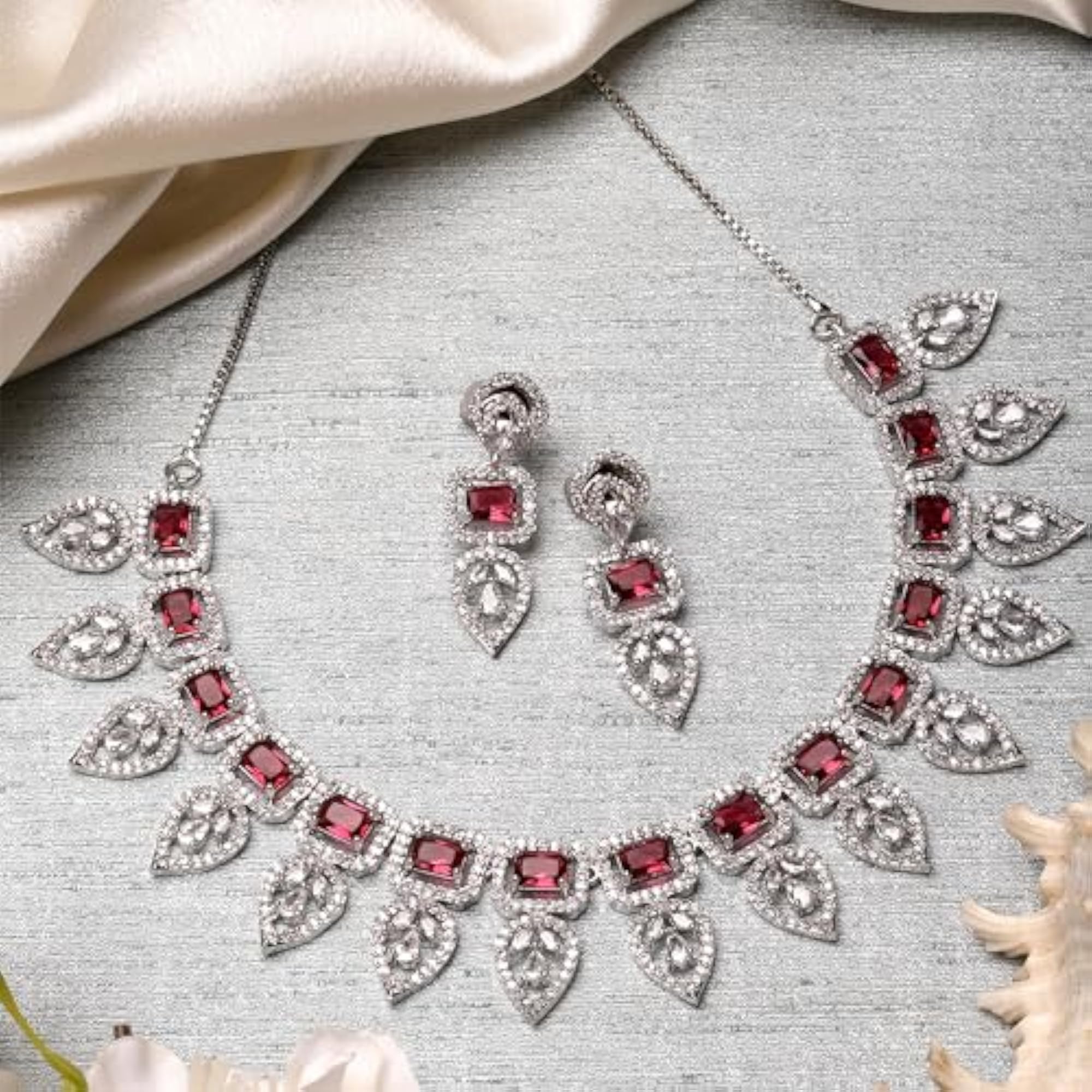 Leaf Style AD Rectangle Studded Necklace Set