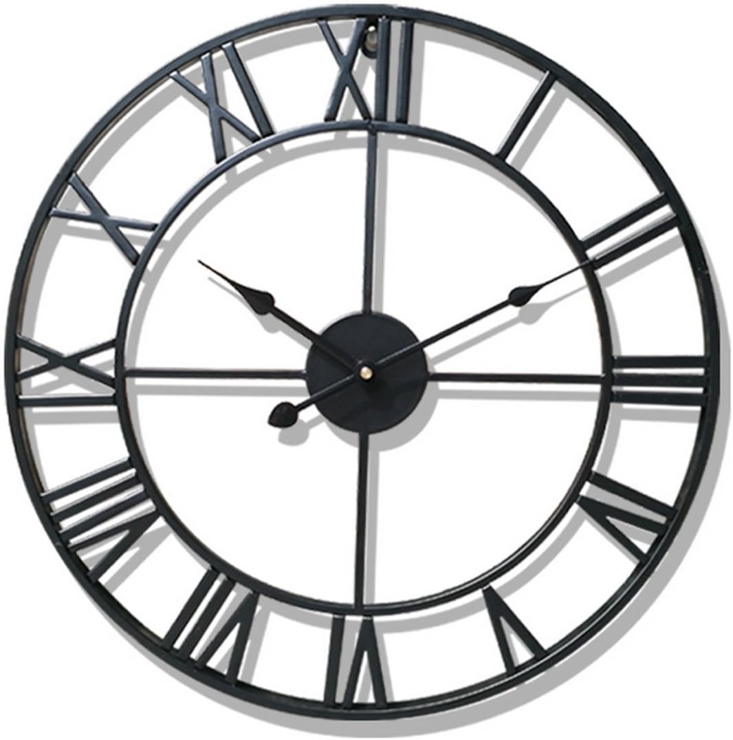 50CM Metal Wall Clock Vintage Hanging Wall Clock Silent Iron Roman Numeral Decorative Clock for Living Room Bedroom Kitchen Office (Black)