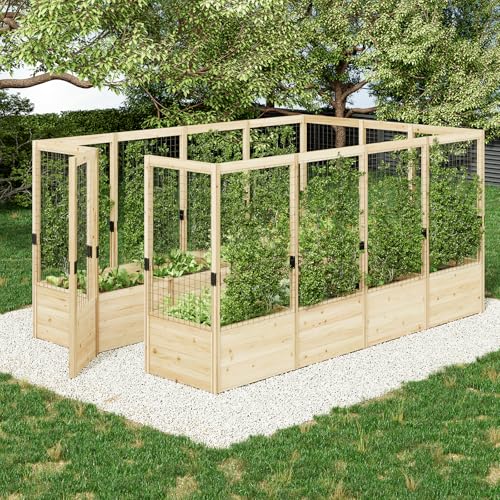 AMERLIFE Raised Garden Bed with Deer Proof Fence, 7.5Wx12Dx6H Outdoor Wooden Raised Garden Bed Planter with 19' Depth Planter Box