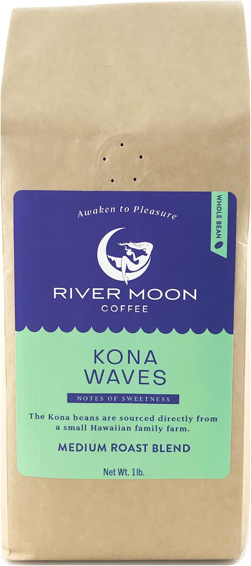 River Moon Coffee, Kona Coffee Whole Bean, Medium Roast, 16 Ounce, Kona Waves Hawaiian Blend, Sustainably Farmed, 100% Arabica