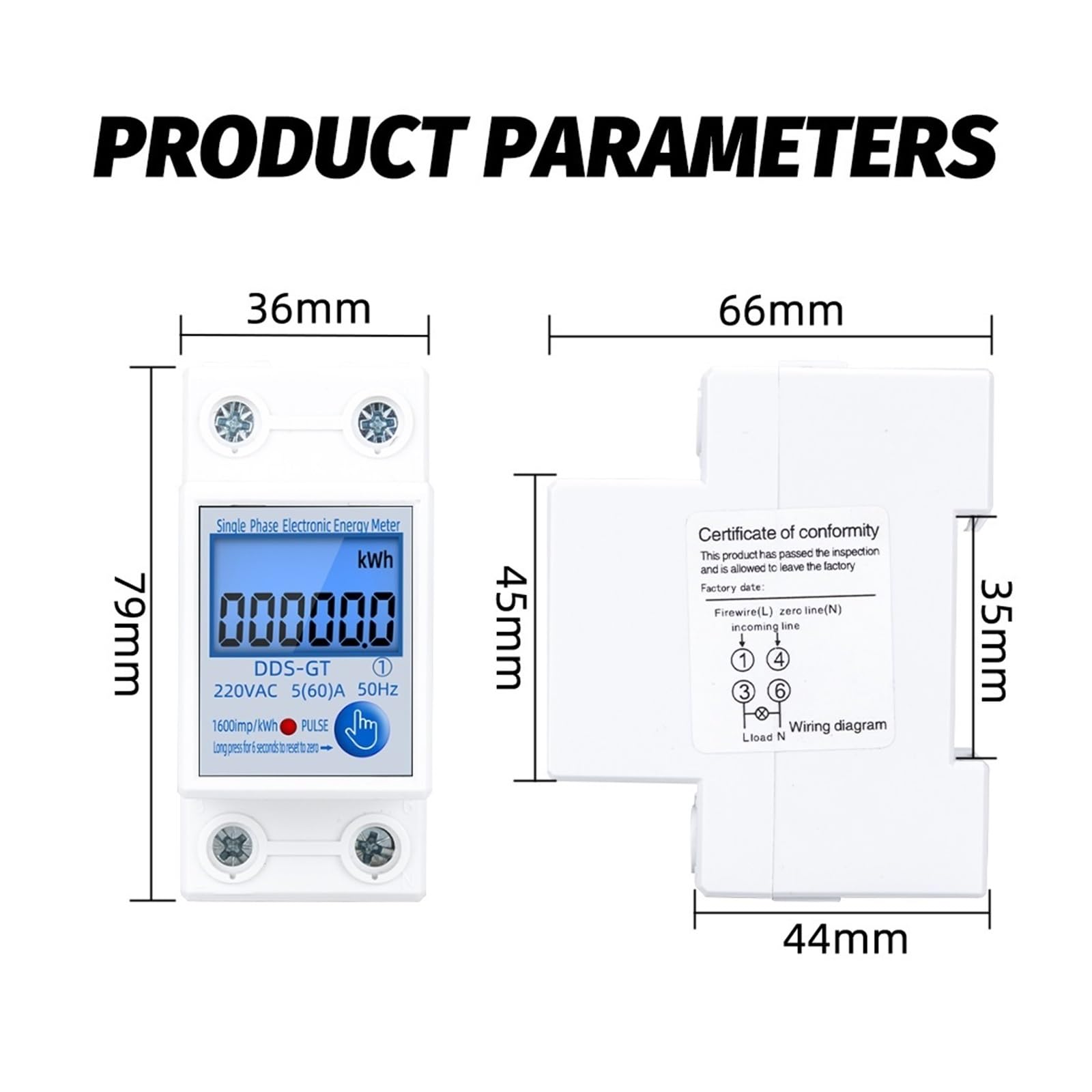 DIN Rail LCD Display Digital Single Phase Two Wire Energy Meter KWh Power Consumption 230VAC 60A 50Hz Wattmeter(Multi -D with Light)