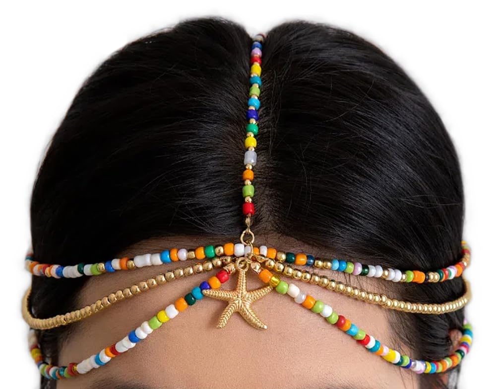 Denifery Boho Colorful Beaded Layered Head Chain Starfish Pendant Forehead Chain Colorful Beaded Head Jewelry Beach Costume Hair Accessories for Women