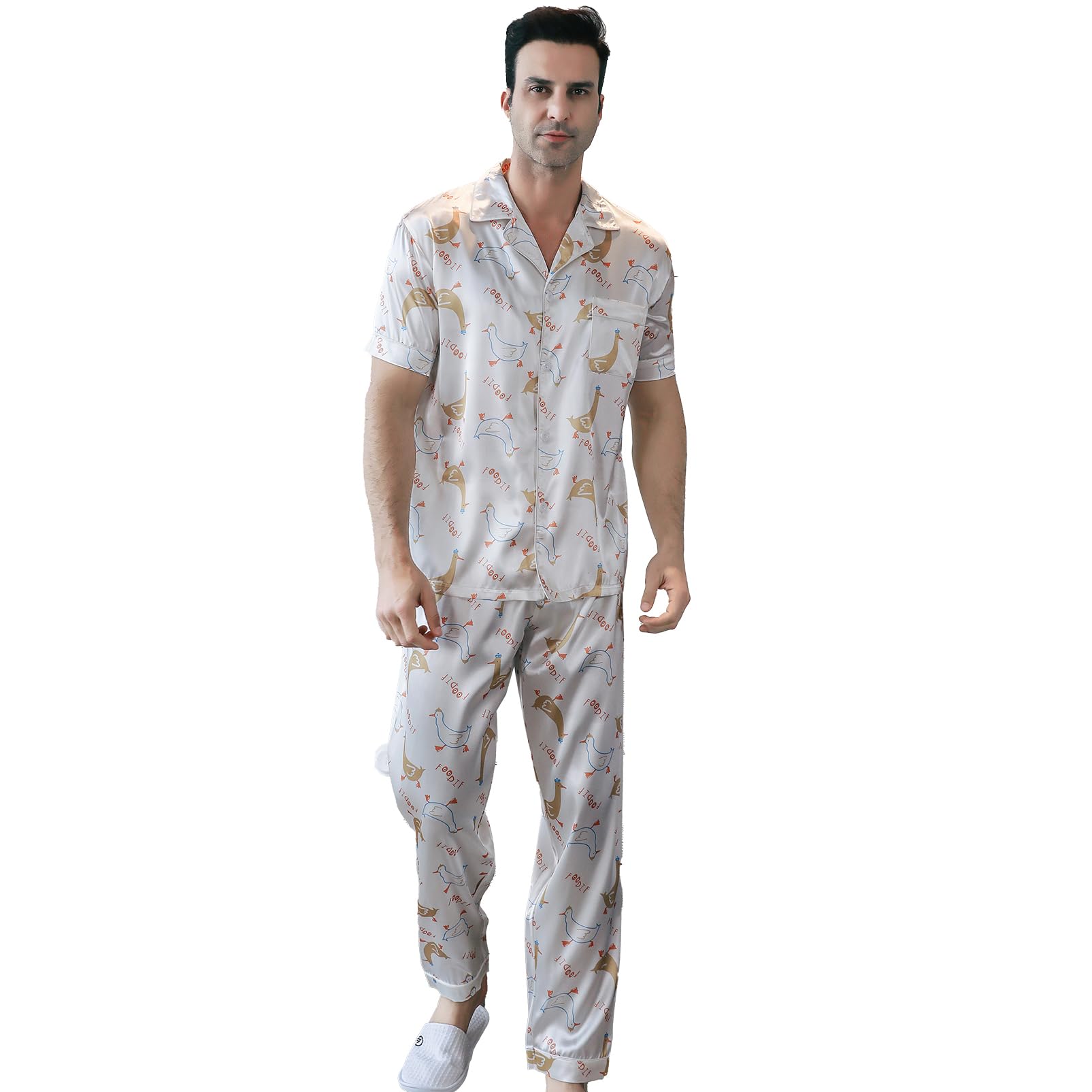 Mens Satin Pajama Set Short Sleeve Silky Pajama Pants Button Down Sleepwear Multicolor Silky Mens Pajama Set