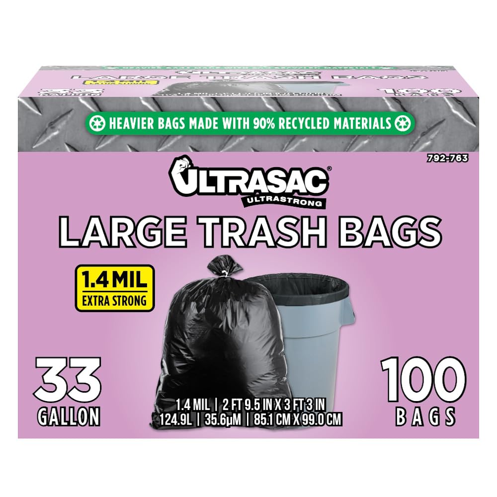 Ultrasac 33 Gallon Trash Bags - (Huge 100 Pack/w Ties) - 39" x 33" Heavy Duty Large Professional Quality Black Garbage Bags - Extra Strong Plastic Trashbags for Home, Kitchen, Lawn, and Other