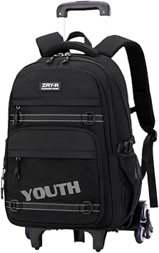 EKUIZAI Kids Rolling Wheeled Backpack for Boys Girls Roller Middle School Backpack with Wheels Rolling Bookbag Trolley Bag for Kids,6 Wheels Black