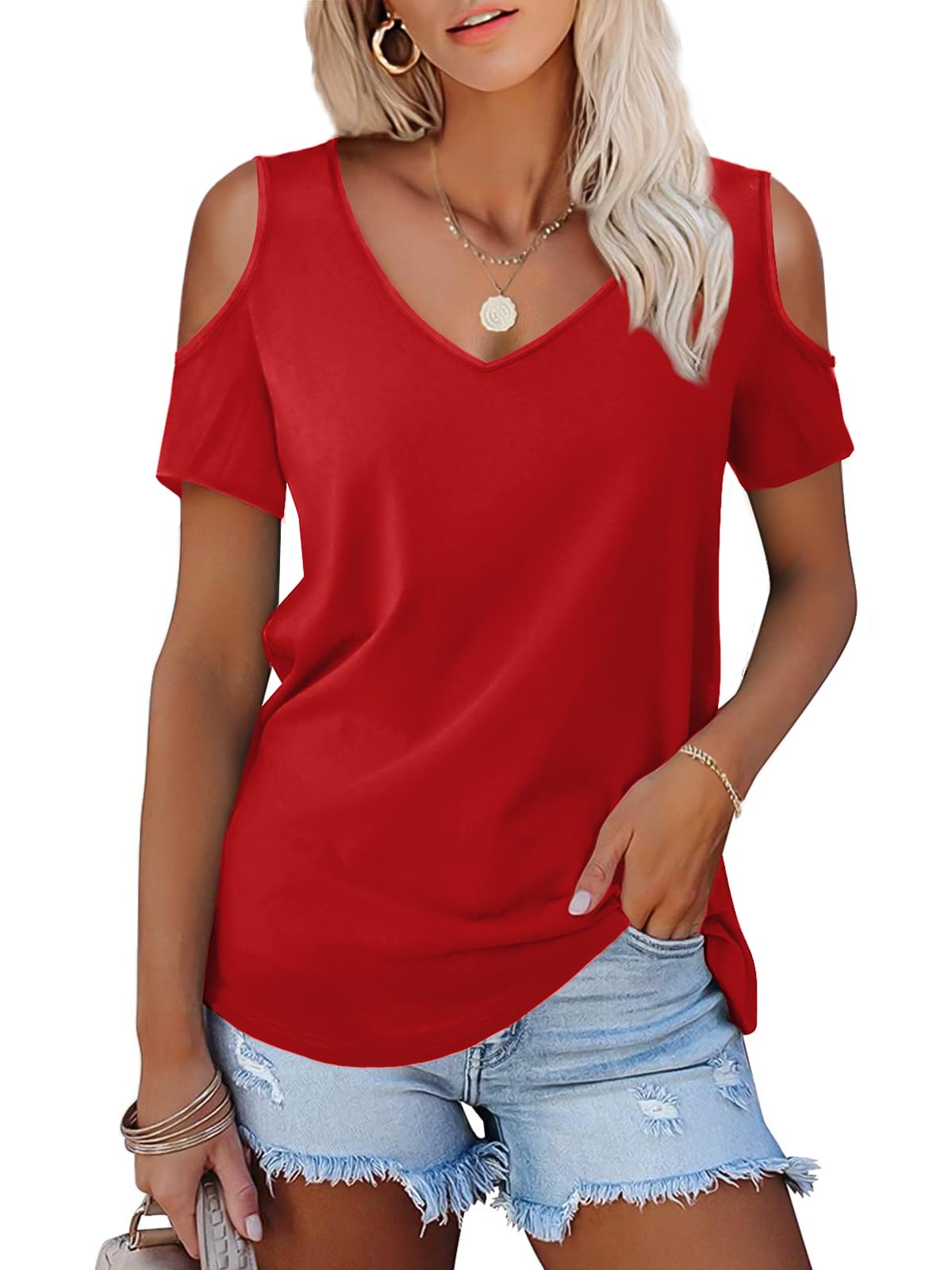 Amoretu Women's Short Sleeve Shirts Cold Shoulder Tops V Neck Blouse Tunic Shirts