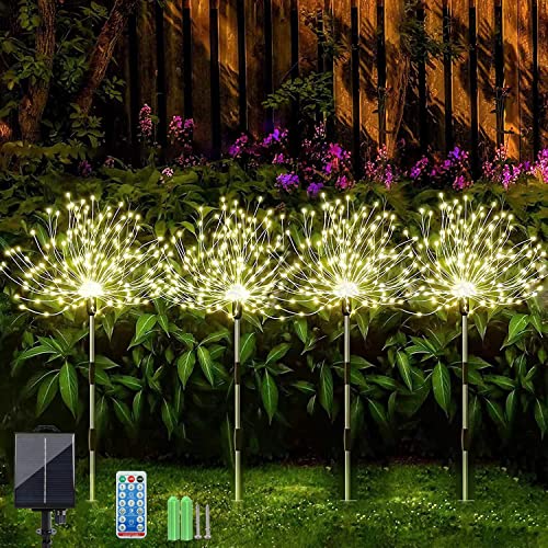 Sunlisky Solarlampen für Außen Garten, Pack of 4 120 LED 1200 mAh Timing and Brightness Adjustment Lights IP65 gartendeko für draußen wetterfest(4 Fireworks Lanterns) (warme Farbe)