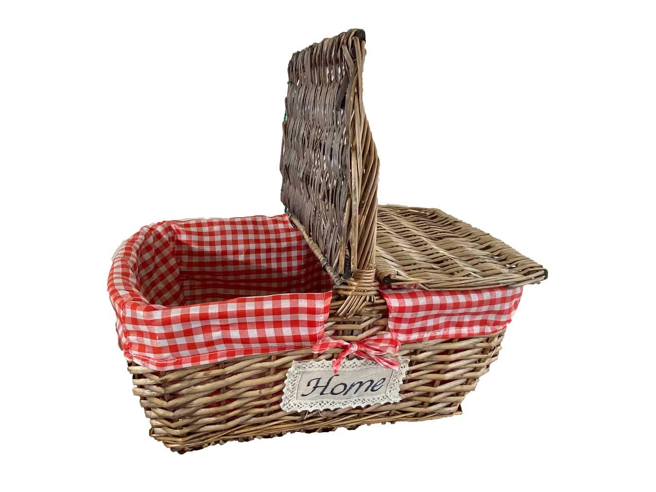 Cestino da pic nic in vimini SOSTY45 con manico fodera in cotone rimovibile picnic quadri bianchi e rossi per feste barbecue cm.42x35 h20
