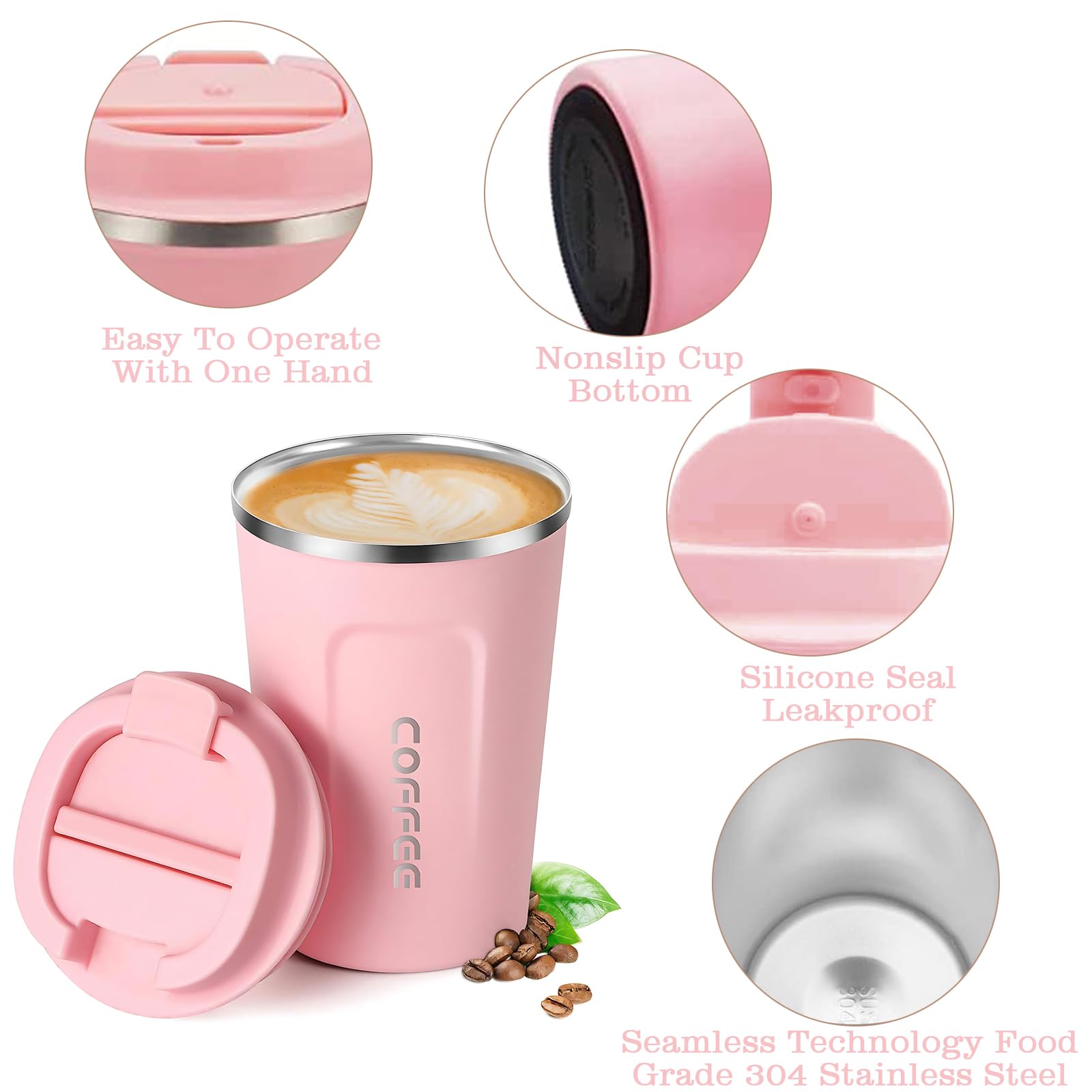 Shunshi Travel Mugs, 380ml Pink - Insulated Coffee Cup with Leakproof Lid - Keeps Hot/Cold 4-6 Hours - Stainless Steel, 1537.23 cm³ - Image 3