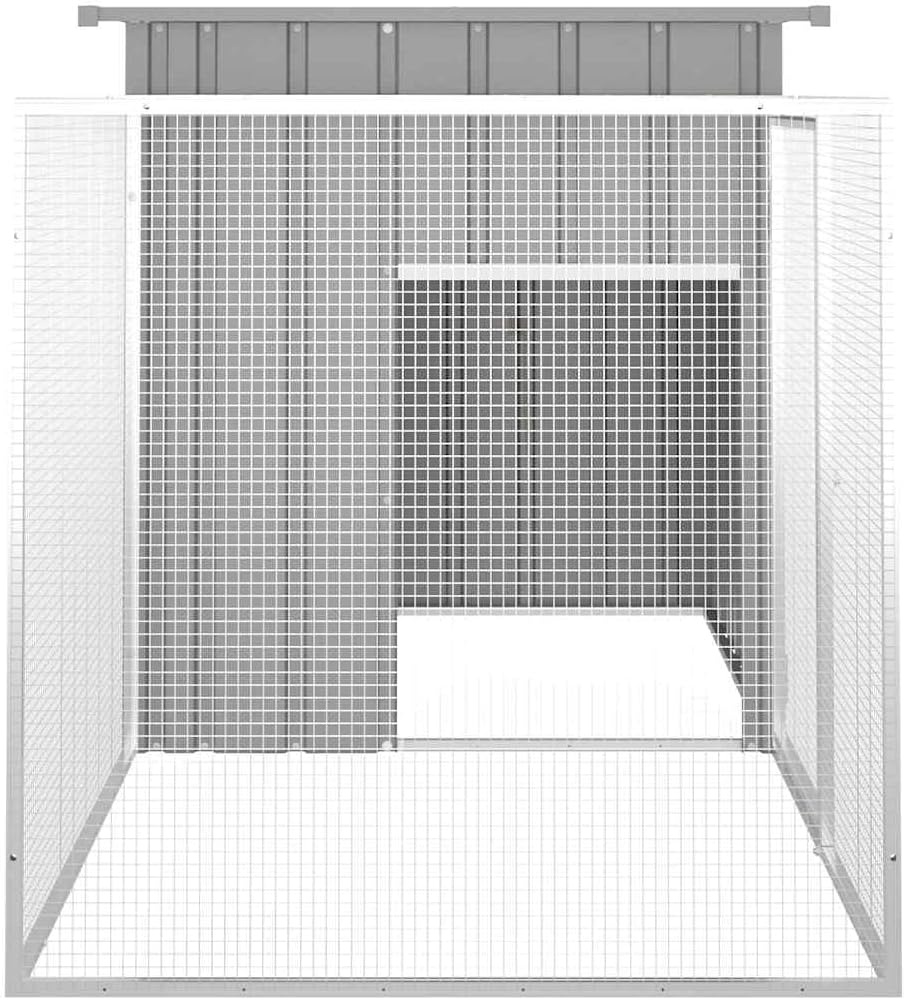 Interior view of the chicken cage showing the roosting bar and access opening to the coop.
