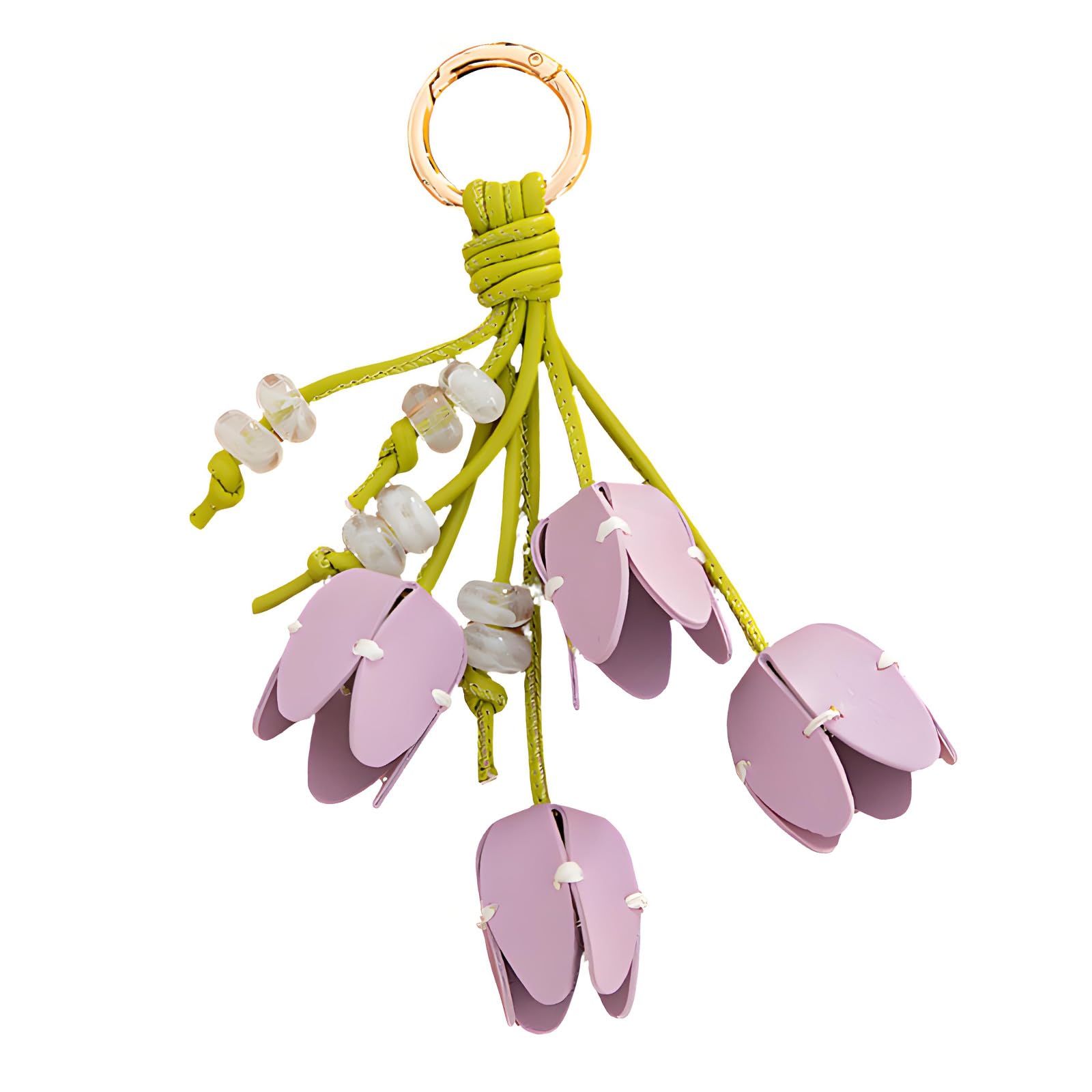 Baodss Elegant Tulips Shaped Leather Keychain With Beaded Accent For Bags And Keys Stylish Accessory