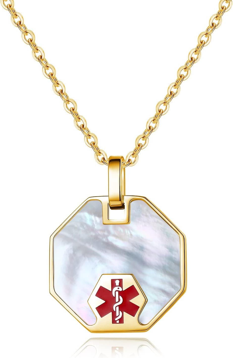 mnmoom Custom Engraved Medical Alert Necklace for Men Women Pearl/Shell Shiny set in Stainless Steel Octagon Medical ID Pendant with 24" chain