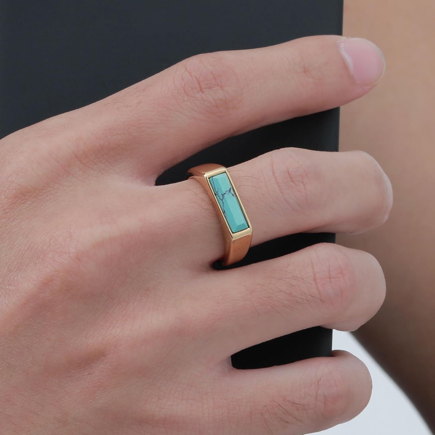 18K Gold Plated Turquoise Rings Stainless Steel Square Cut Turquoise Wedding Ring Jewelry Gift for Men and Women Size 7-12
