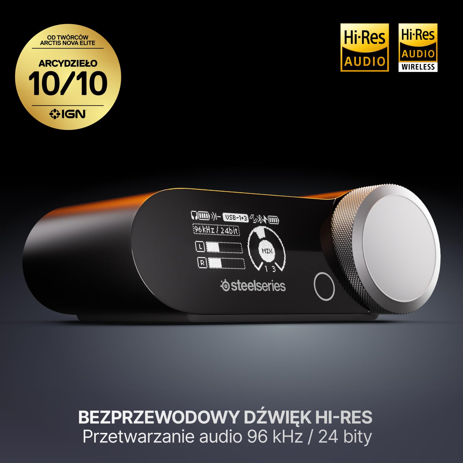 SteelSeries Arctis Nova Pro Omni – Bezprzewodowy dźwięk Hi‑Res, 96kHz/24bit, ANC, mikrofon ClearCast Pro, redukcja szumów AI, aplikacja mobilna, Mix 2,4GHz + BT, OmniPlay PC+PlayStation+Xbox – Biały