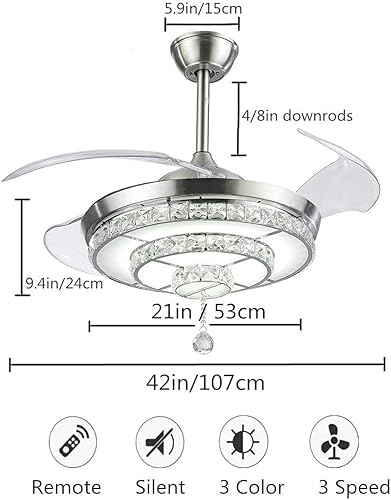 Miniatura 5 de Ventilador de techo de cristal de 42 pulgadas con aspas retráctiles cromadas modernas LED con control remoto, 3 cambios de color, 3 velocidades,