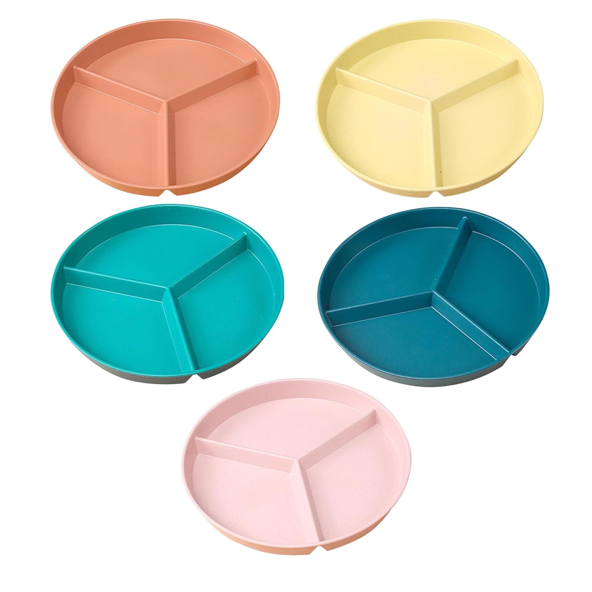 PUROXX 5 PCS 5 Colors Portion Control Plate,9.6 Inch Wheat Plastic Dinner Plate, Three-compartment tray 5 colors, reusable, durable and not easy to break