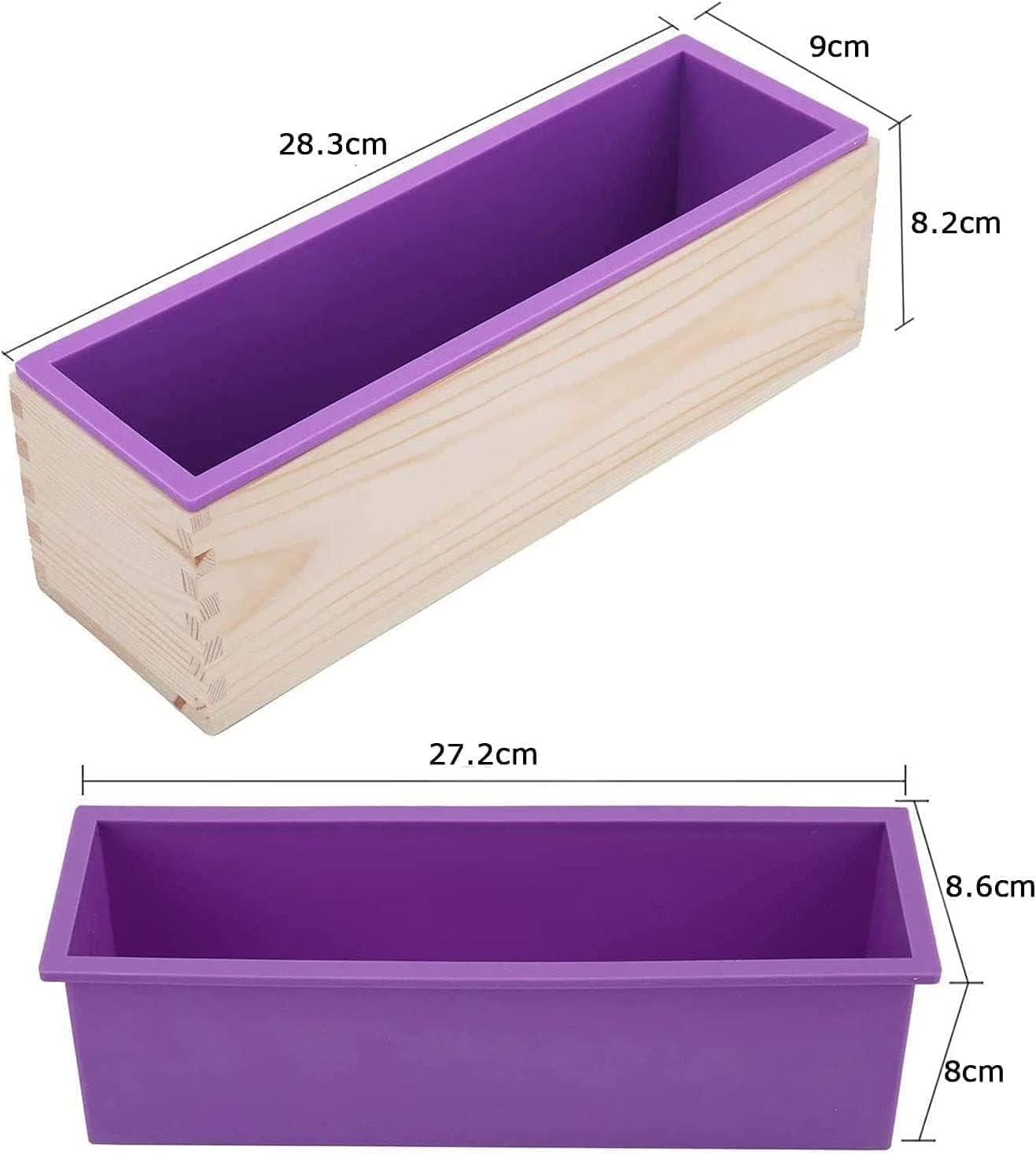Lot de 4 Moules à Savon 1200 ml en Silicone avec Boîte en Bois, Moule à Savon Rectangulaire Amélioré pour Fabrication de Savon DIY, Saponification, Résine et Pâtisserie (Violet)